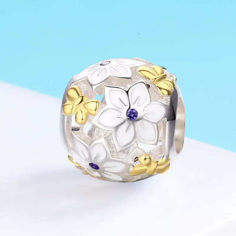 (imagen para) Charm estilo Pandora de dos tonos, con flores y mariposas - SCC546 - Ver 3