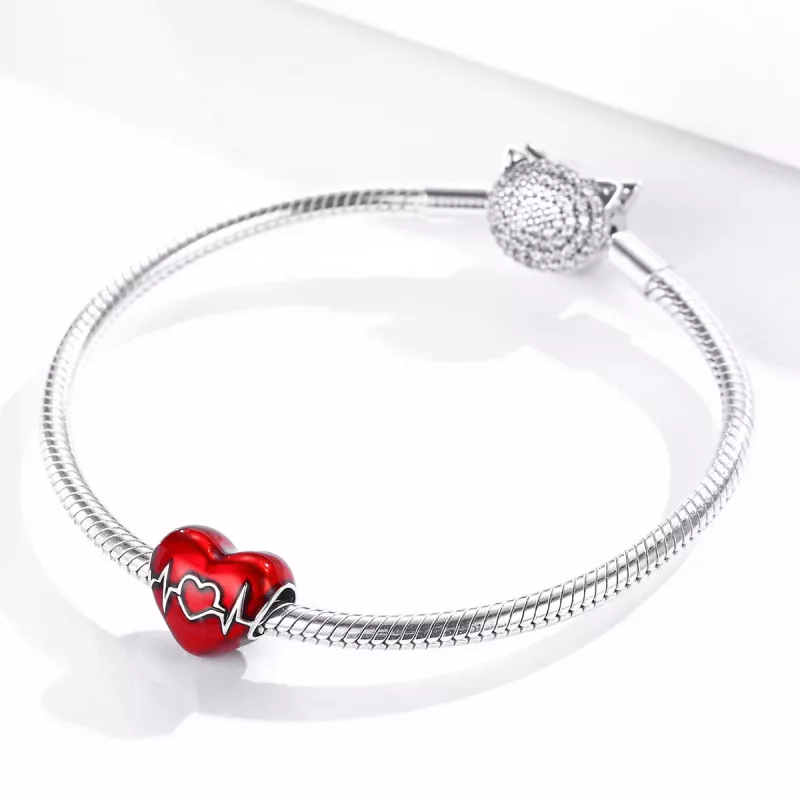(imagen para) Charm estilo Pandora de plata con corazón rojo latido del amor - SCC1569 - Ver 3