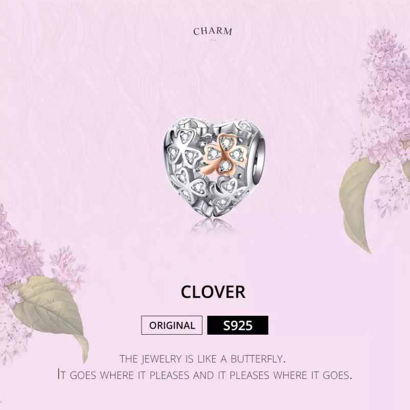 (imagen para) Charm estilo Pandora de plata y oro rosa con trébol de cuatro hojas - SCC1248 - Ver 2