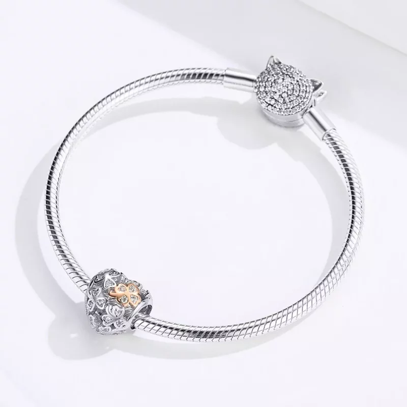 (imagen para) Charm estilo Pandora de plata y oro rosa con trébol de cuatro hojas - SCC1248 - Ver 3