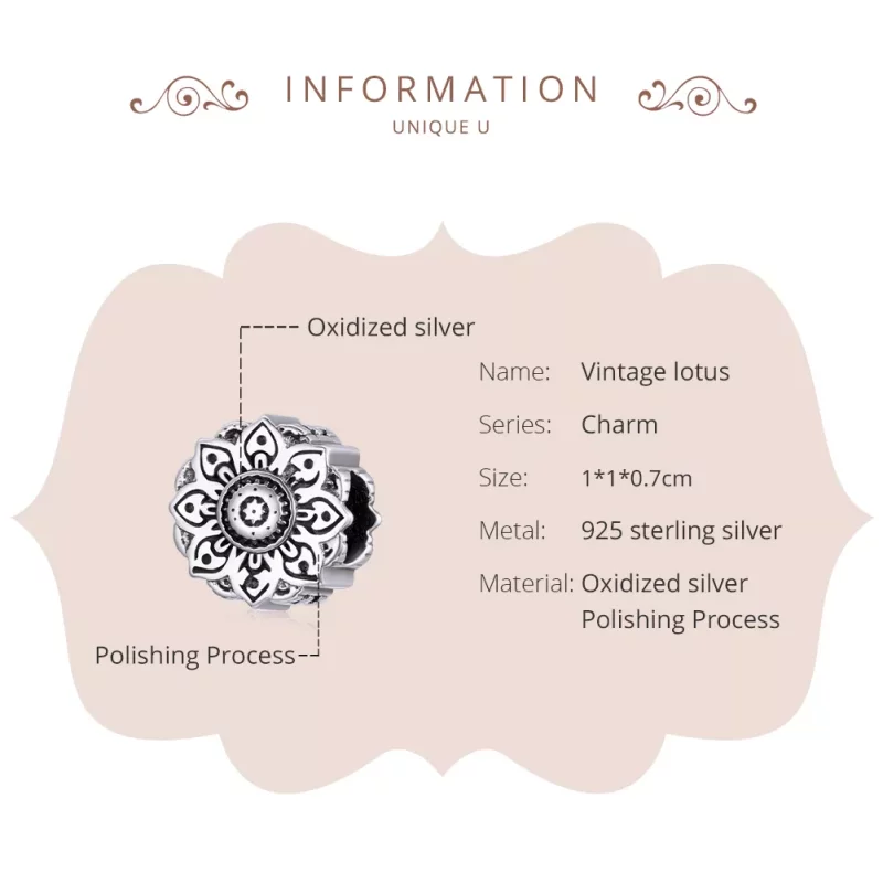 (imagen para) Charm estilo Pandora en plata con diseño de loto vintage - SCC1823 - Ver 6