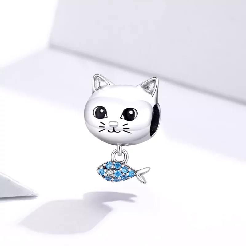 (imagen para) Charm Pandora estilo gatito plateado con forma de pez amor - BSC226 - Ver 2
