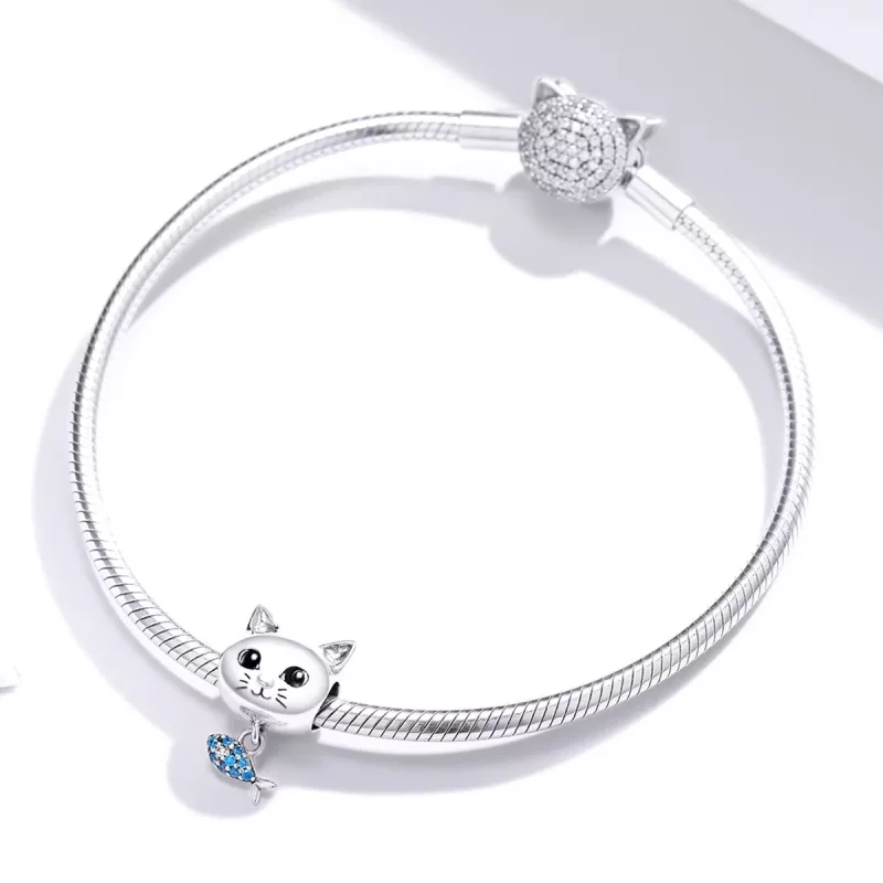 (imagen para) Charm Pandora estilo gatito plateado con forma de pez amor - BSC226 - Ver 3