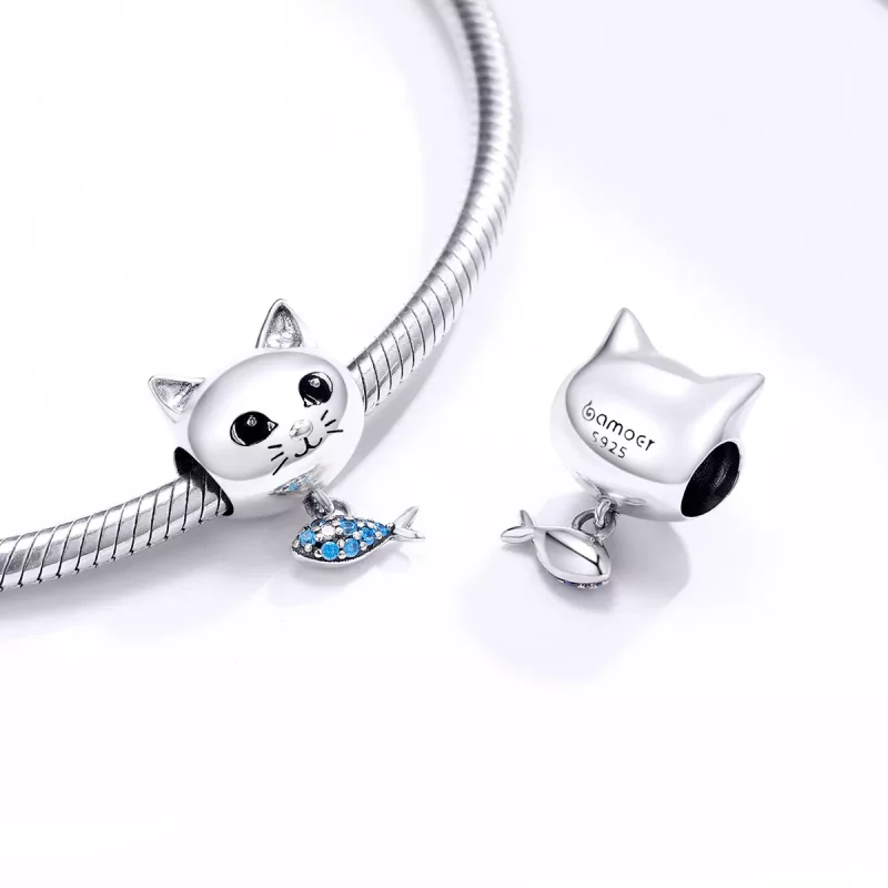 (imagen para) Charm Pandora estilo gatito plateado con forma de pez amor - BSC226 - Ver 4
