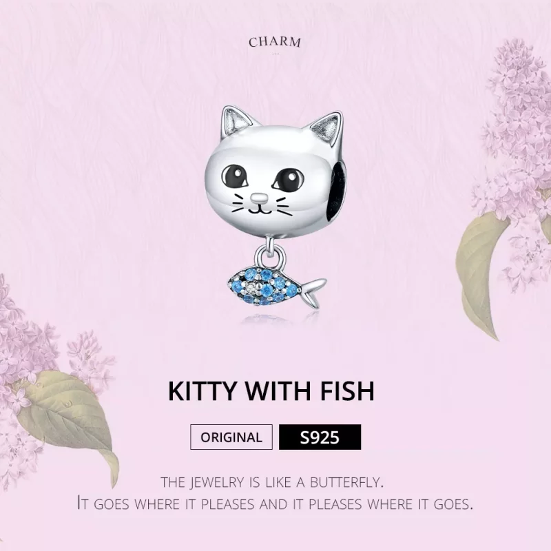 (imagen para) Charm Pandora estilo gatito plateado con forma de pez amor - BSC226 - Ver 6