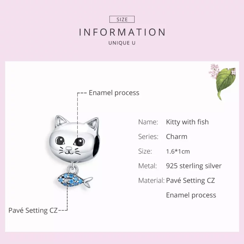 (imagen para) Charm Pandora estilo gatito plateado con forma de pez amor - BSC226 - Ver 7