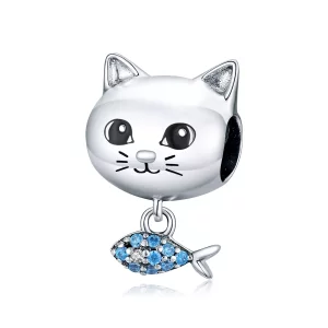 (imagen para) Charm Pandora estilo gatito plateado con forma de pez amor - BSC226