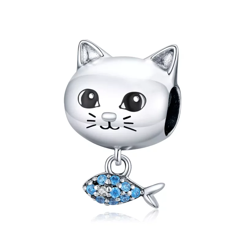 (imagen para) Charm Pandora estilo gatito plateado con forma de pez amor - BSC226