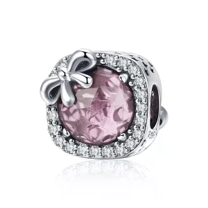 (imagen para) Charm Pandora estilo plata con lazo rosa pavé - SCC1058-Pk
