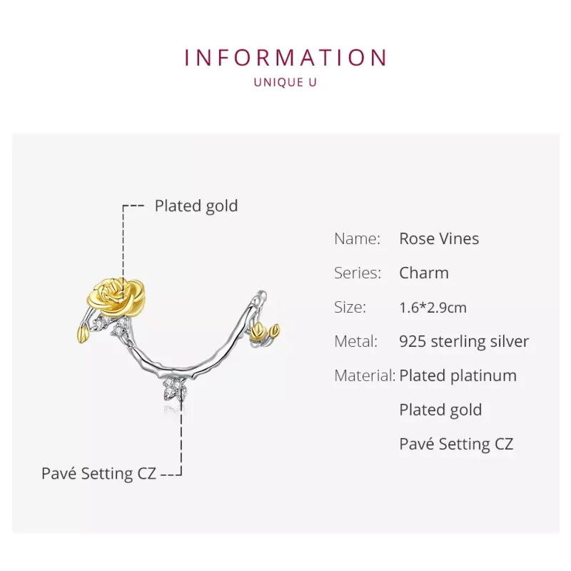 (imagen para) Charm Pandora estilo Vides de Rosas Bicolor de Dos Tonos - BSC322 - Ver 6