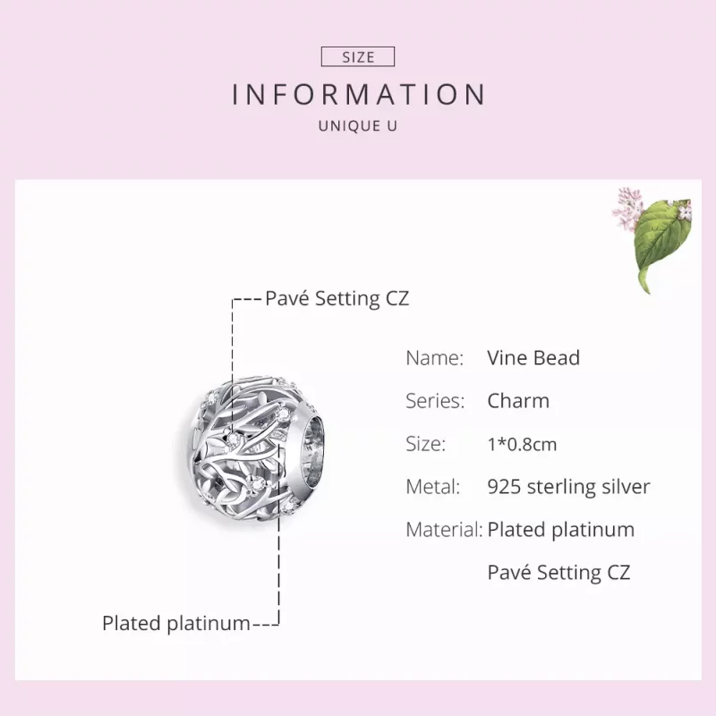 (imagen para) Encanto de plata estilo Pandora con diseño de vid - BSC256 - Ver 7