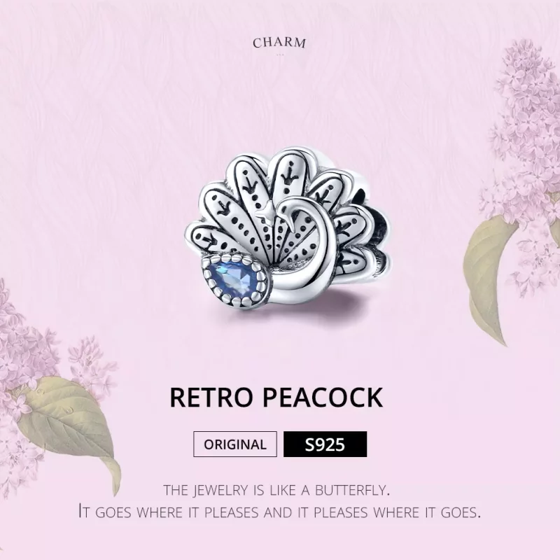 (imagen para) Encanto de plata estilo Pandora con diseño retro de pavo real - SCC1558 - Ver 6