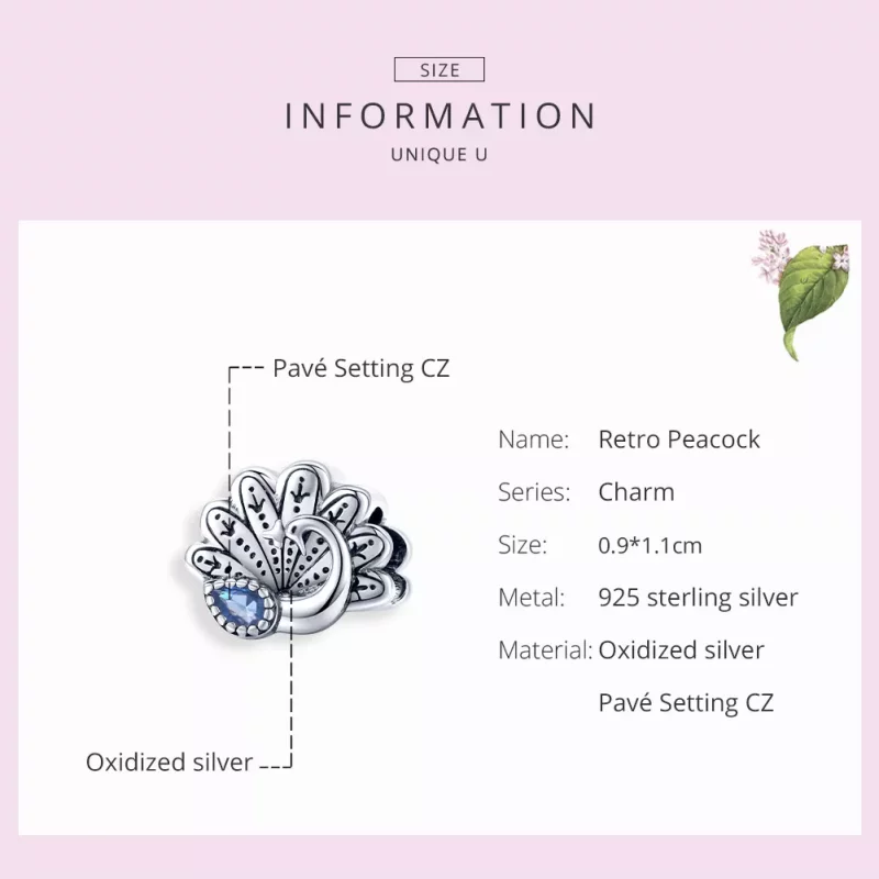 (imagen para) Encanto de plata estilo Pandora con diseño retro de pavo real - SCC1558 - Ver 7