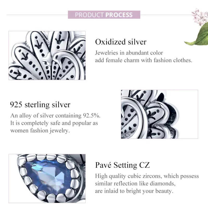 (imagen para) Encanto de plata estilo Pandora con diseño retro de pavo real - SCC1558 - Ver 8