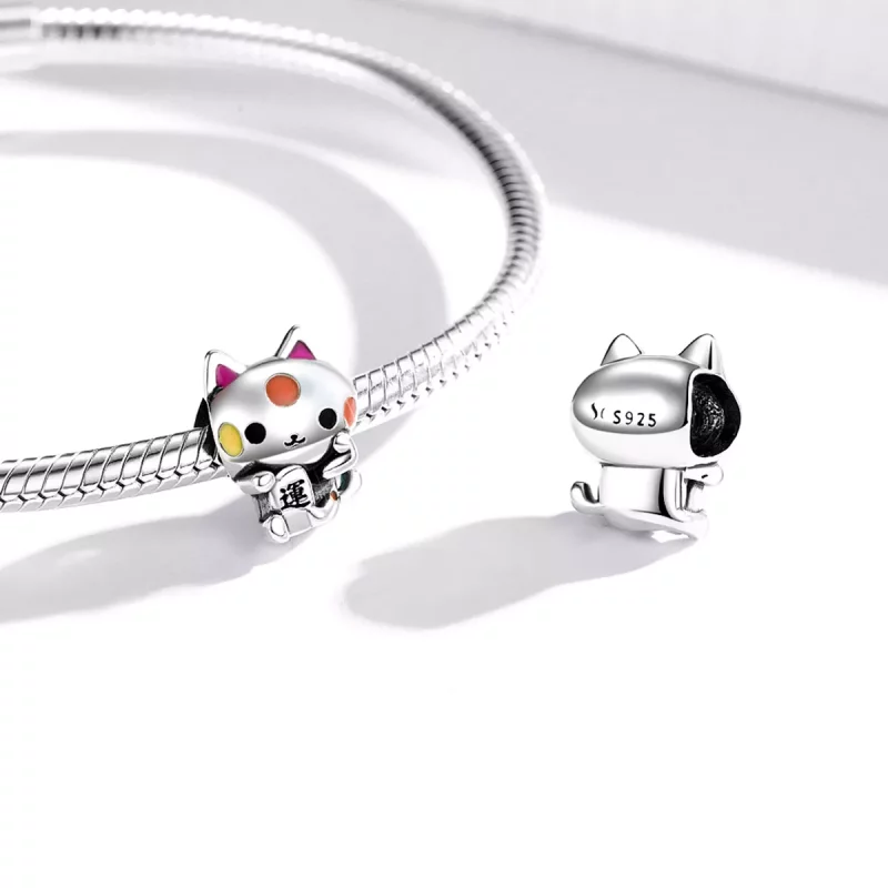 (imagen para) Encanto de plata estilo Pandora con el auspicioso gato atrapador de dinero - SCC - Ver 4