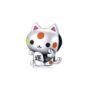 (imagen para) Encanto de plata estilo Pandora con el auspicioso gato atrapador de dinero - SCC1855