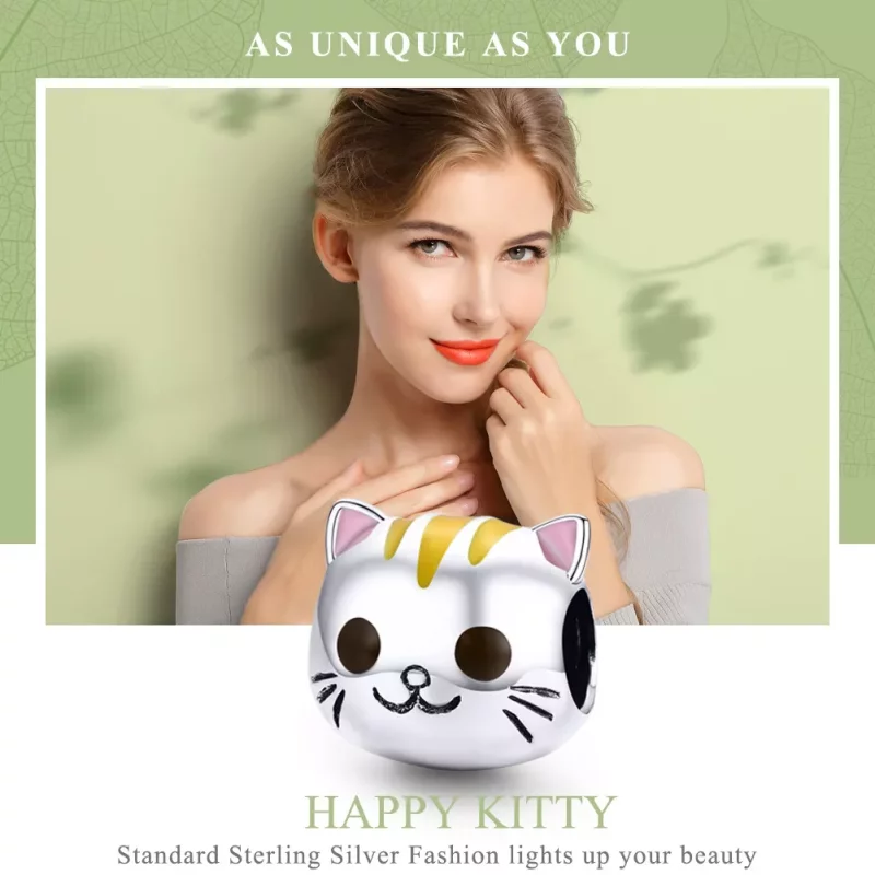 (imagen para) Encanto de plata estilo Pandora con gatito feliz - SCC1142 - Ver 2