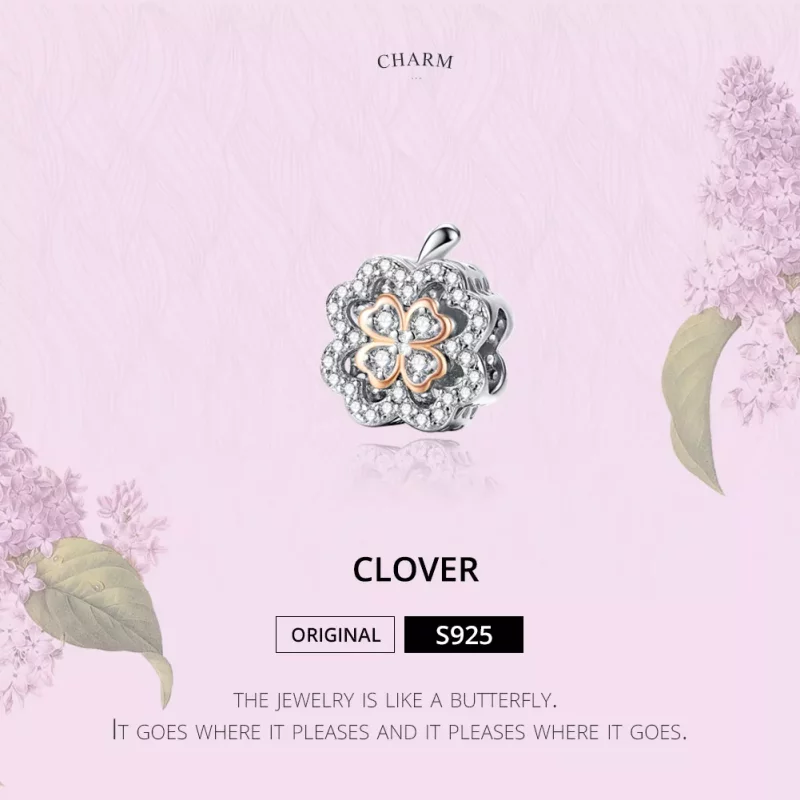 (imagen para) Encanto de Trébol de Cuatro Hojas en Plata y Oro Rosa estilo Pandora - SCC1247 - Ver 2