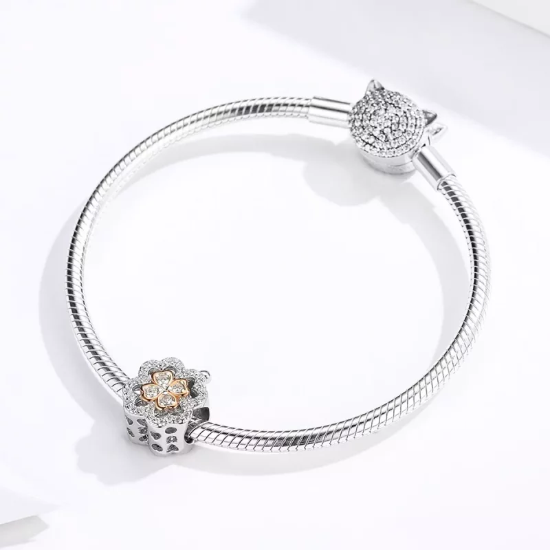 (imagen para) Encanto de Trébol de Cuatro Hojas en Plata y Oro Rosa estilo Pandora - SCC1247 - Ver 3