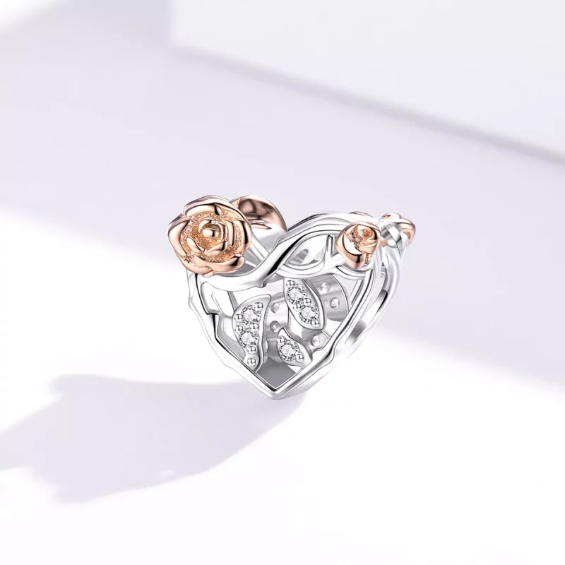 (imagen para) Estilo Pandora Charm en Dos Tonos con Corazón y Rosas - BSC280 - Ver 3