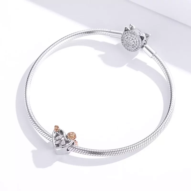 (imagen para) Estilo Pandora Charm en Dos Tonos con Corazón y Rosas - BSC280 - Ver 4