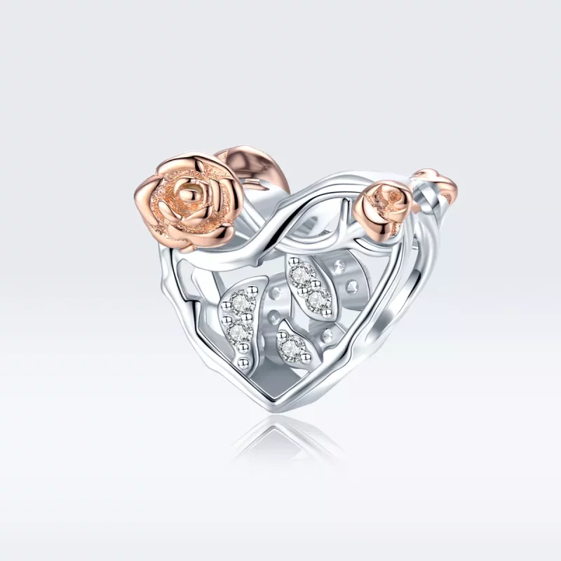 (imagen para) Estilo Pandora Charm en Dos Tonos con Corazón y Rosas - BSC280 - Ver 5