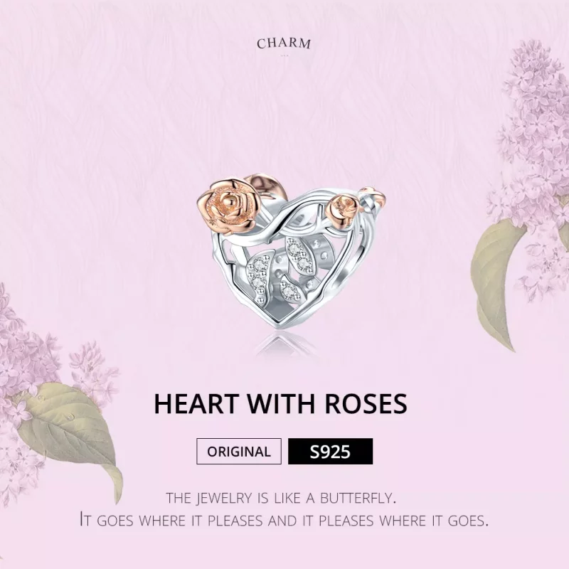(imagen para) Estilo Pandora Charm en Dos Tonos con Corazón y Rosas - BSC280 - Ver 6