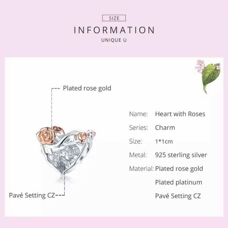 (imagen para) Estilo Pandora Charm en Dos Tonos con Corazón y Rosas - BSC280 - Ver 7