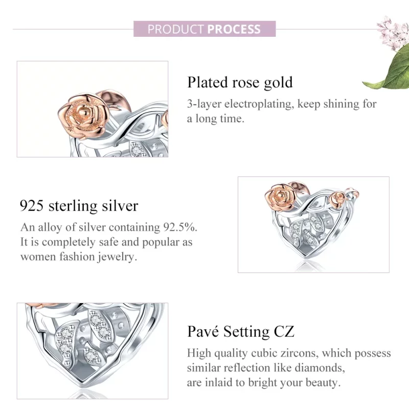 (imagen para) Estilo Pandora Charm en Dos Tonos con Corazón y Rosas - BSC280 - Ver 8