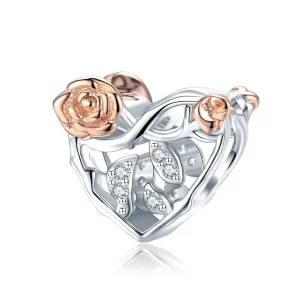 (imagen para) Estilo Pandora Charm en Dos Tonos con Corazón y Rosas - BSC280