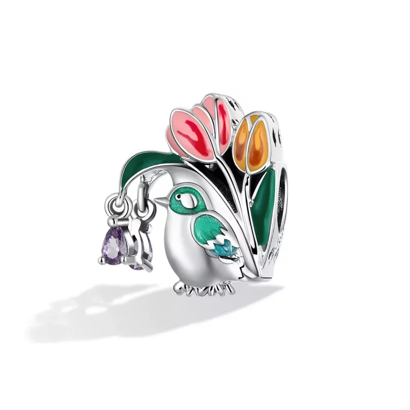 (imagen para) Estilo Pandora Flores y Pájaros - Amuleto de Lluvia - SCC2193 - Ver 2