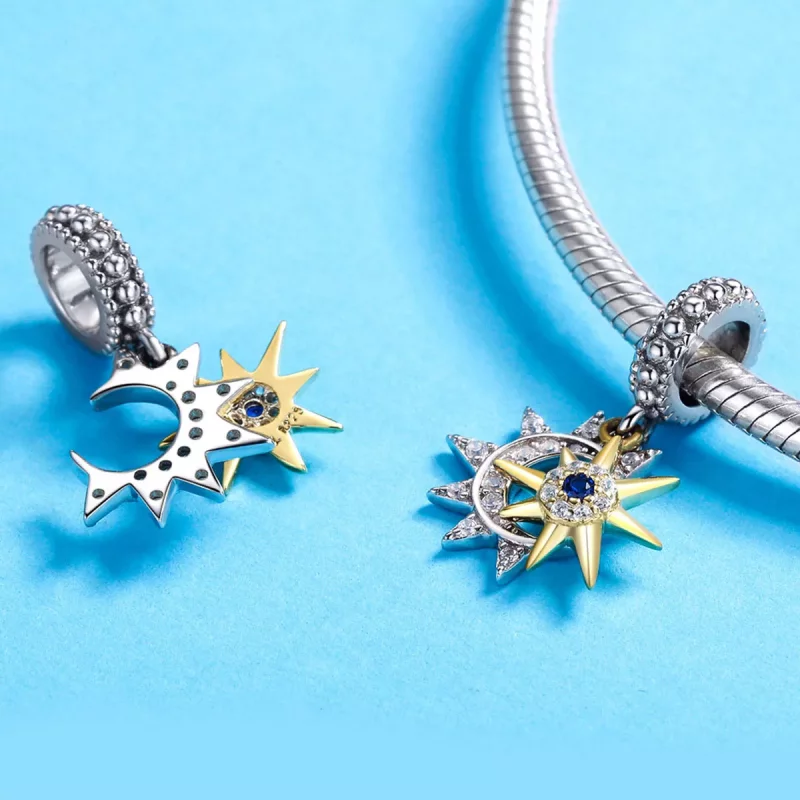 (imagen para) Estilo Pandora Plata y Oro-Plateado Pavé Sol y Luna Colgante - SCC1135 - Ver 3