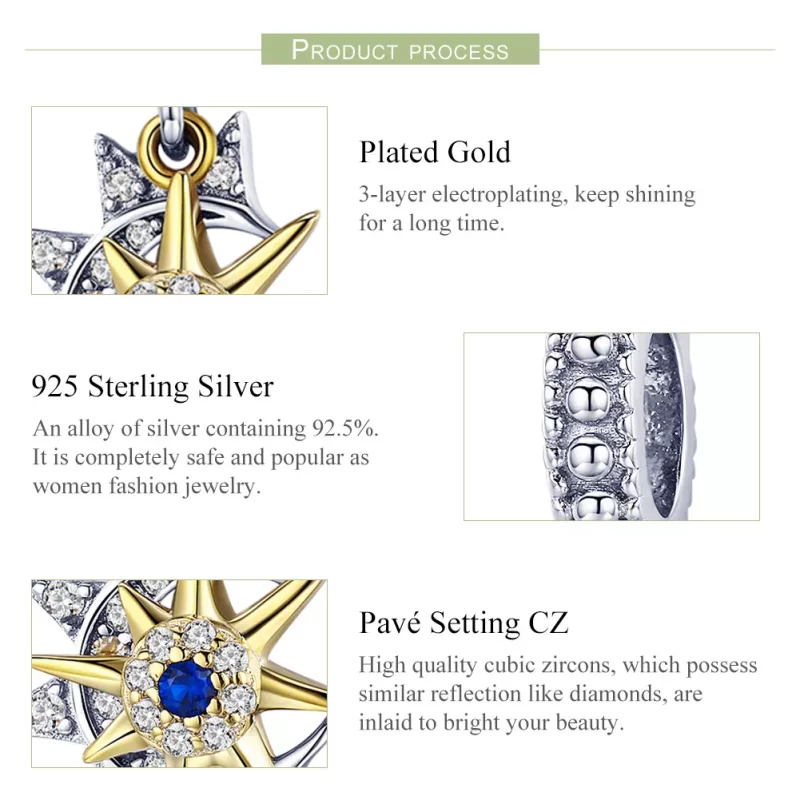 (imagen para) Estilo Pandora Plata y Oro-Plateado Pavé Sol y Luna Colgante - SCC1135 - Ver 5