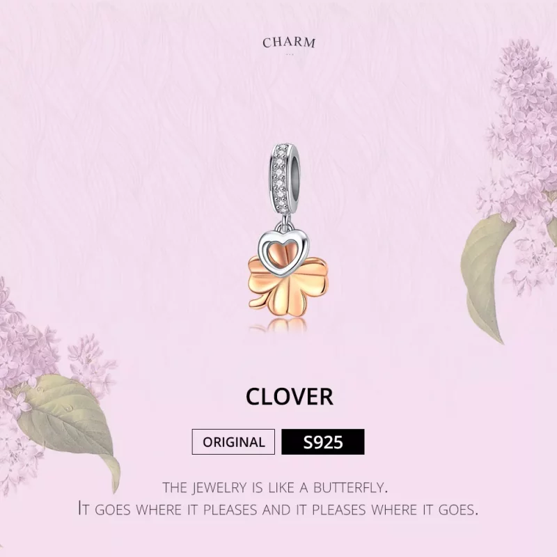 (imagen para) Estilo Pandora Plata y Oro Rosa Trébol de Cuatro Hojas Colgante - SCC1238 - Ver 2