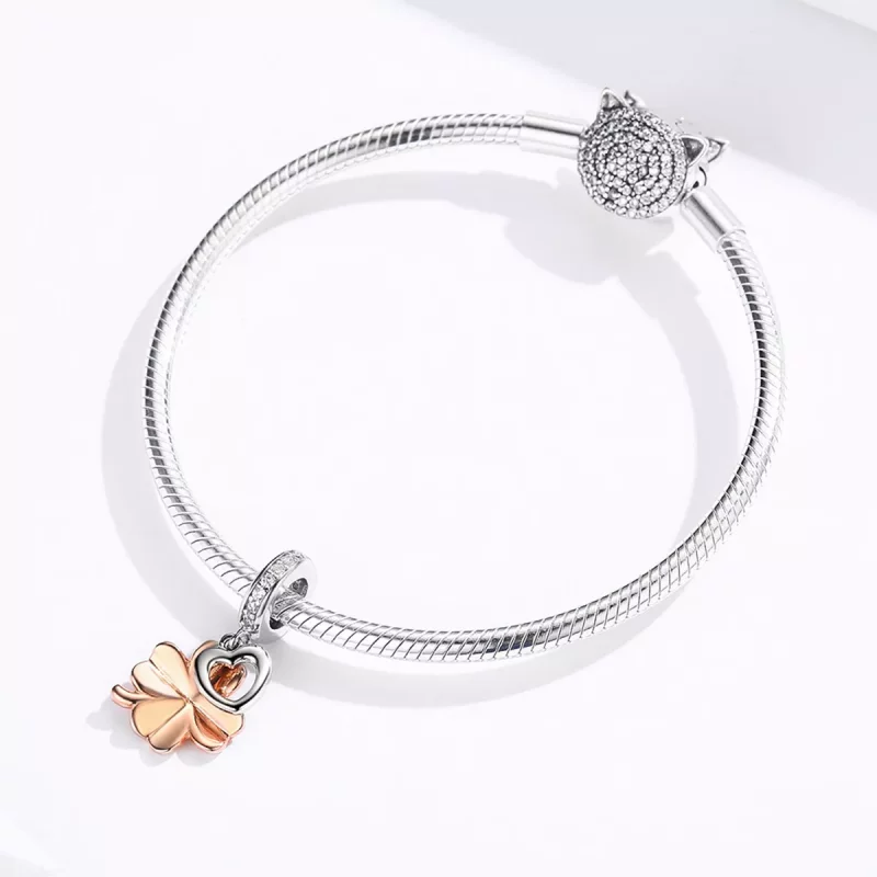 (imagen para) Estilo Pandora Plata y Oro Rosa Trébol de Cuatro Hojas Colgante - SCC1238 - Ver 3