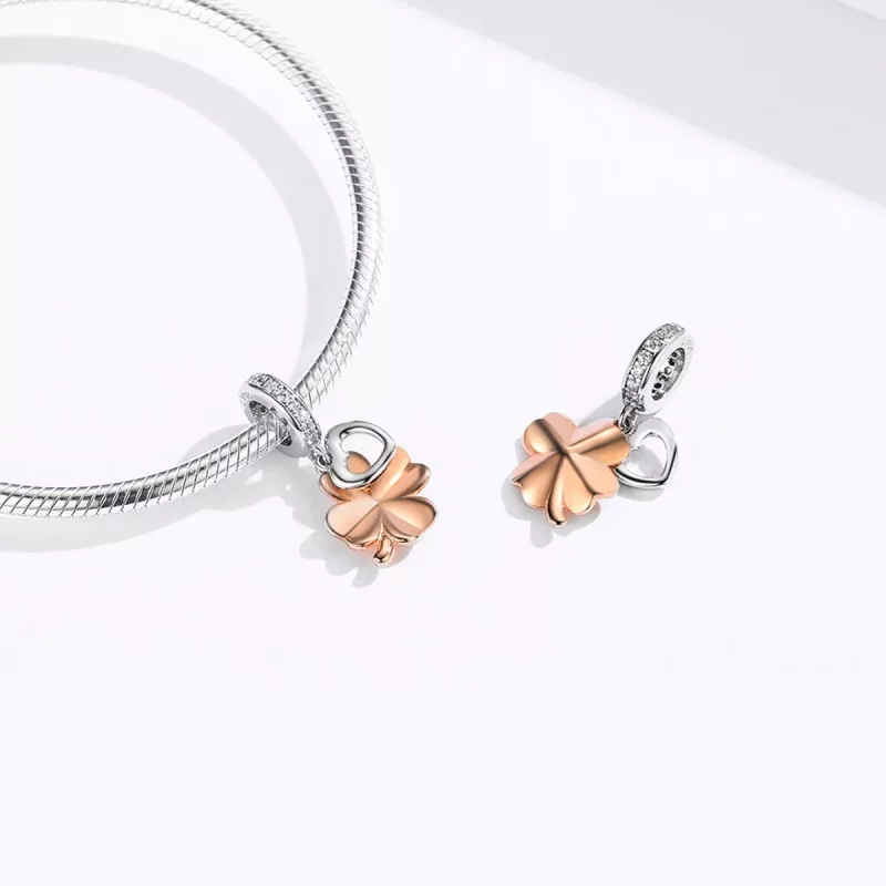 (imagen para) Estilo Pandora Plata y Oro Rosa Trébol de Cuatro Hojas Colgante - SCC1238 - Ver 4