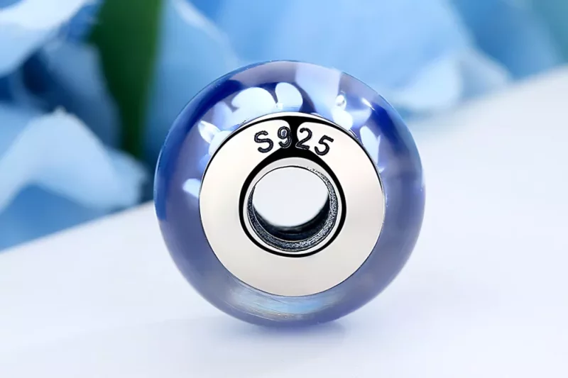 (imagen para) Pandora Estilo Encanto de Vidrio Murano Azul con Flores Blancas - SCZ006 - Ver 7