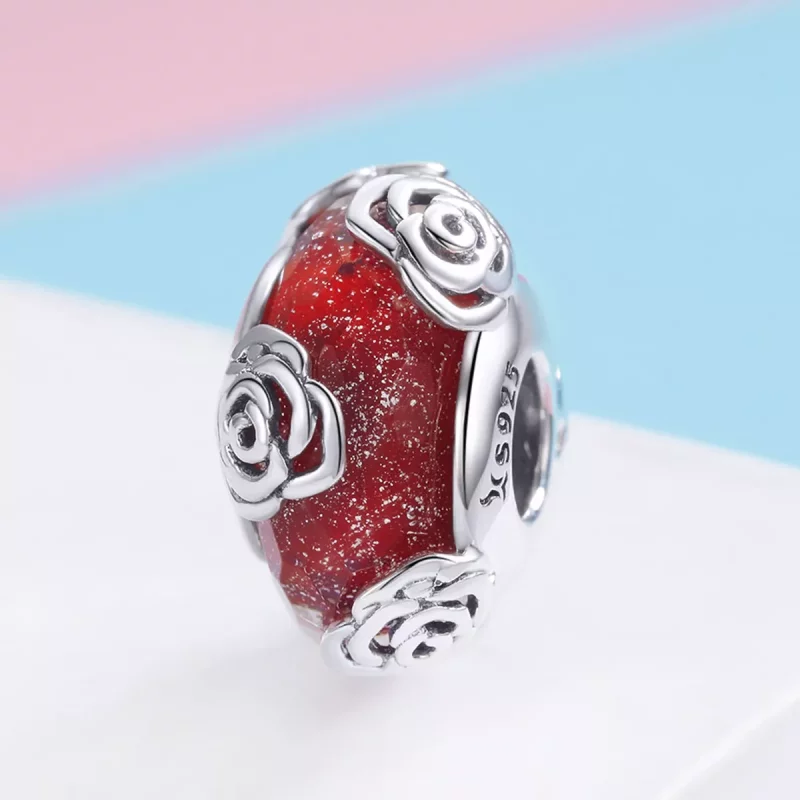 (imagen para) Pandora Style Fragante Rosa de Vidrio Murano Charm Plateado - SCC1030 - Ver 2