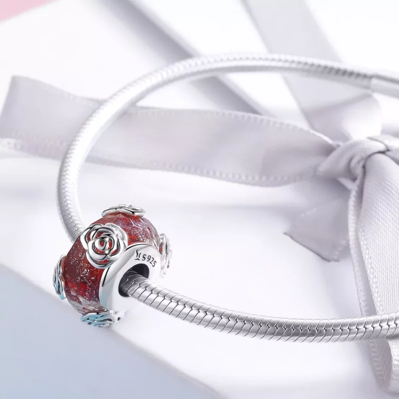 (imagen para) Pandora Style Fragante Rosa de Vidrio Murano Charm Plateado - SCC1030 - Ver 3