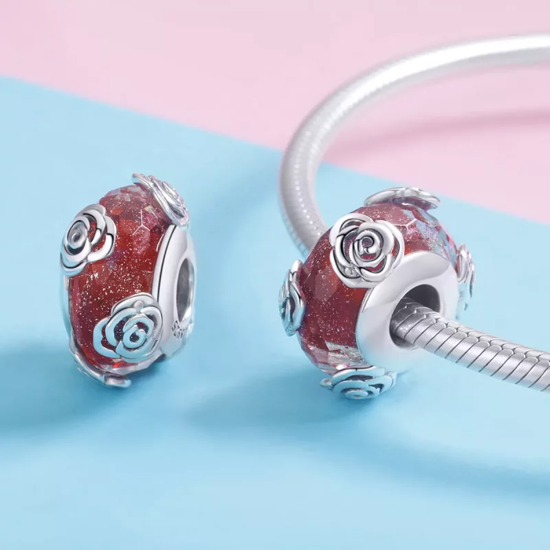 (imagen para) Pandora Style Fragante Rosa de Vidrio Murano Charm Plateado - SCC1030 - Ver 4