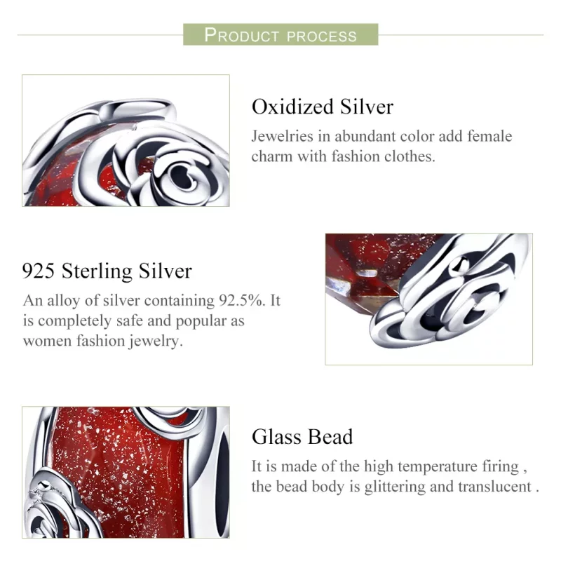 (imagen para) Pandora Style Fragante Rosa de Vidrio Murano Charm Plateado - SCC1030 - Ver 6