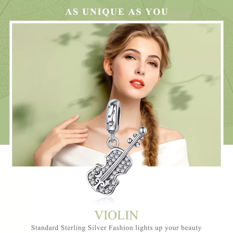 (imagen para) Pendiente colgante de violín de plata estilo Pandora con pavé - SCC1078 - Ver 2
