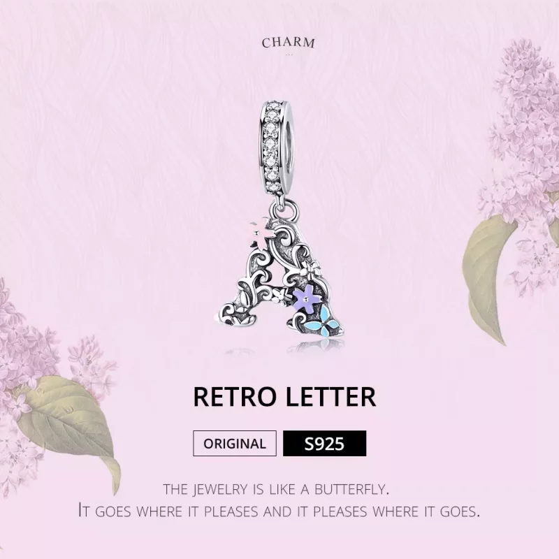 (imagen para) Pendiente con dije de letra A en forma de flor plateada estilo Pandora - SCC1273 - Ver 2