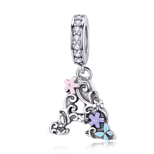 (imagen para) Pendiente con dije de letra A en forma de flor plateada estilo Pandora - SCC1273