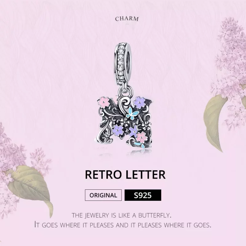 (imagen para) Pendiente de plata en estilo Pandora con colgante de letra M y flor - SCC1274 - Ver 2