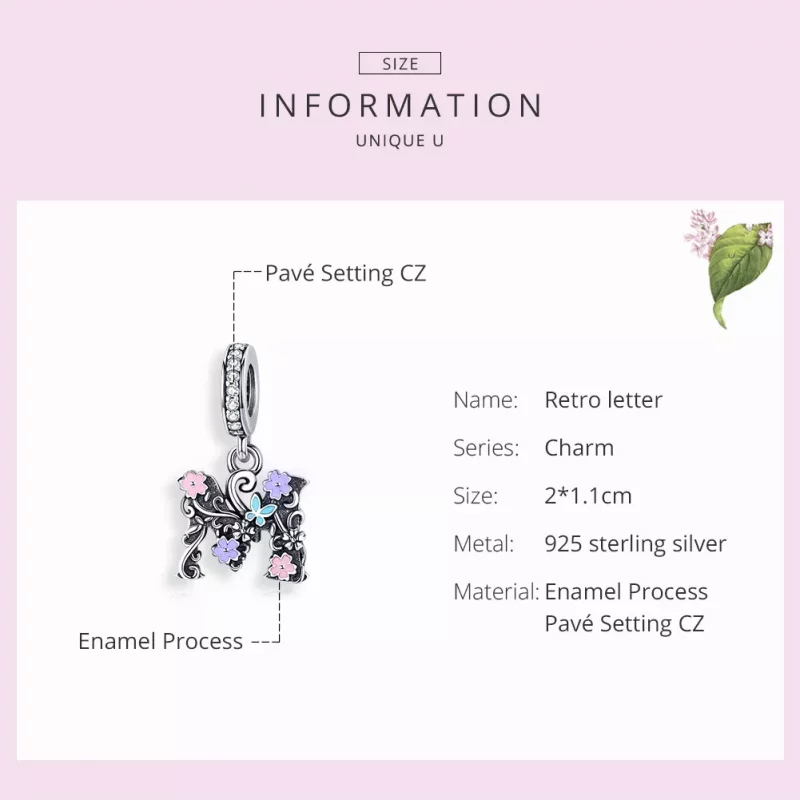 (imagen para) Pendiente de plata en estilo Pandora con colgante de letra M y flor - SCC1274 - Ver 3