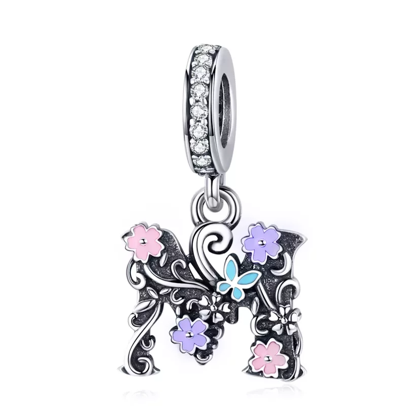 (imagen para) Pendiente de plata en estilo Pandora con colgante de letra M y flor - SCC1274