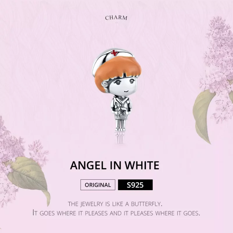 (imagen para) Pulsera de estilo Pandora con colgante de enfermera blanca con ángel de plata - - Ver 6