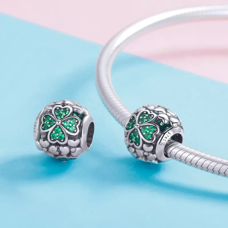 (imagen para) Pulsera de estilo Pandora con colgante de trébol verde de plata - SCC964 - Ver 4
