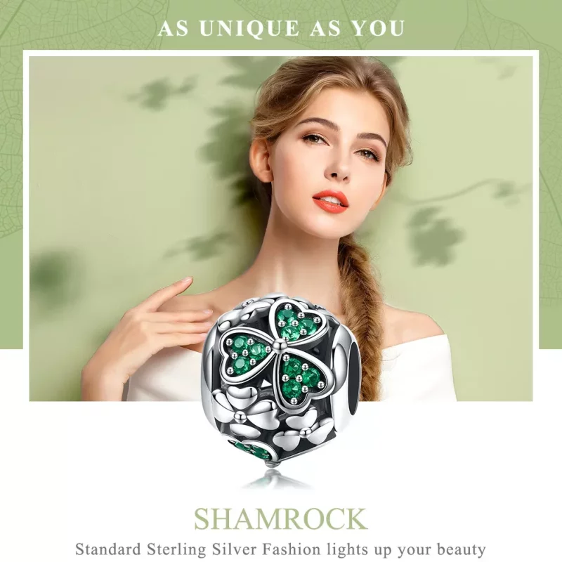 (imagen para) Pulsera de estilo Pandora con colgante de trébol verde de plata - SCC964 - Ver 6